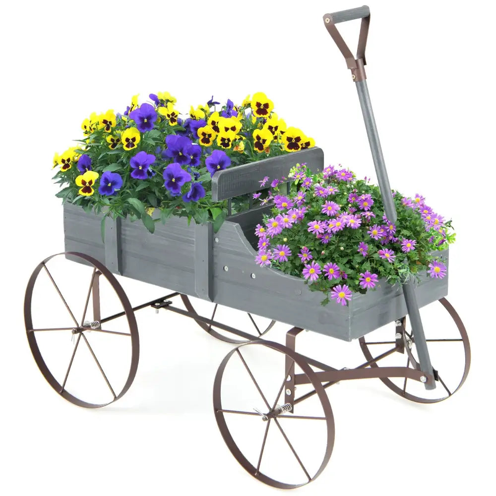 Wooden Wagon Plant Bed with Metal Wheels for Garden Yard Patio-Gray - Gray - Raised Garden Beds