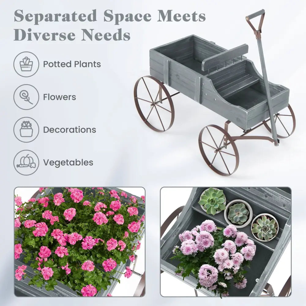 Wooden Wagon Plant Bed with Metal Wheels for Garden Yard Patio-Gray - Gray - Raised Garden Beds