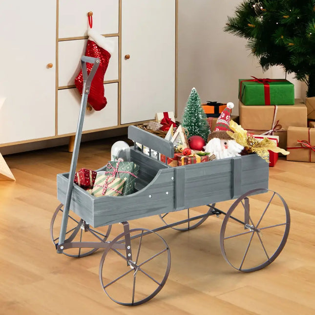 Wooden Wagon Plant Bed with Metal Wheels for Garden Yard Patio-Gray - Gray - Raised Garden Beds