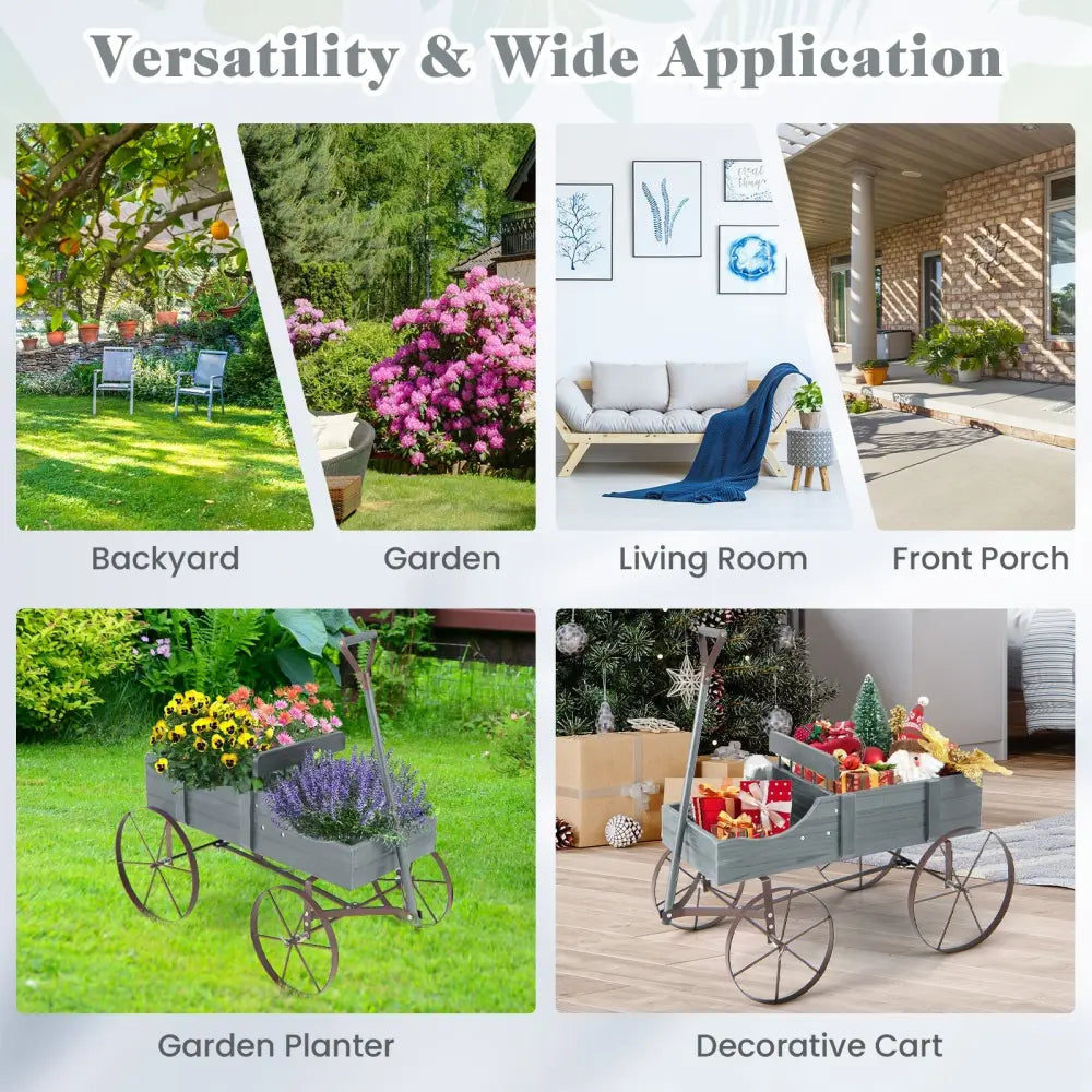 Wooden Wagon Plant Bed with Metal Wheels for Garden Yard Patio-Gray - Gray - Raised Garden Beds