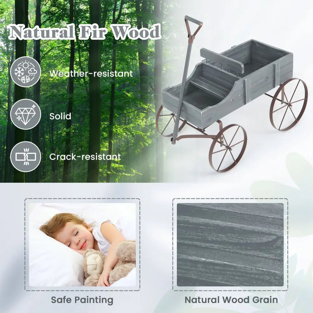 Wooden Wagon Plant Bed with Metal Wheels for Garden Yard Patio-Gray - Gray - Raised Garden Beds