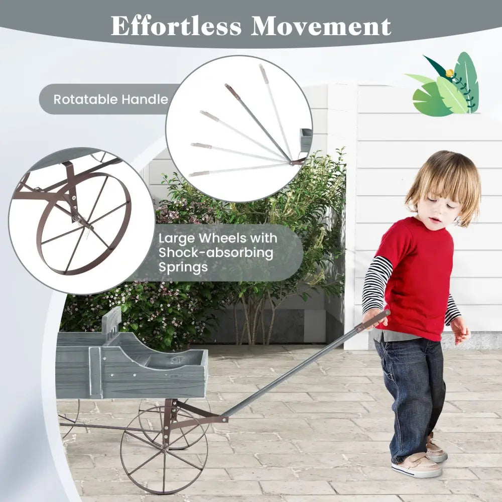 Wooden Wagon Plant Bed with Metal Wheels for Garden Yard Patio-Gray - Gray - Raised Garden Beds