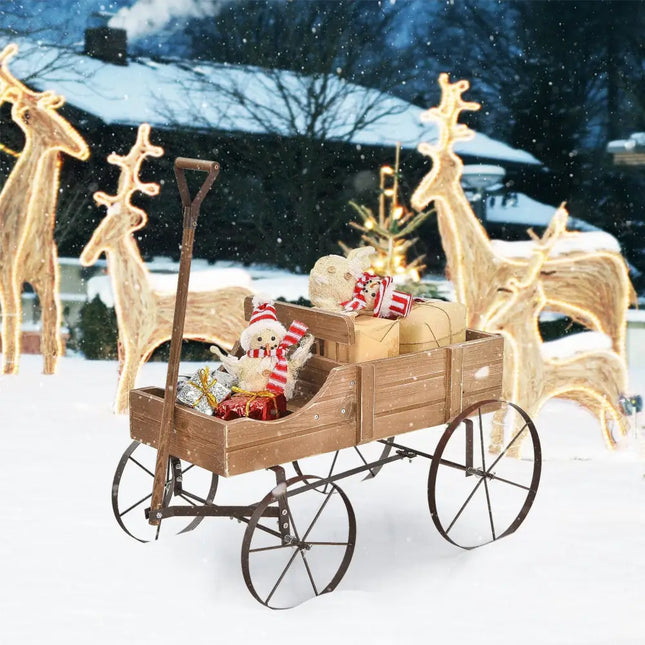 Wooden Wagon Plant Bed With Wheel for Garden Yard-Brown - Brown - Raised Garden Beds