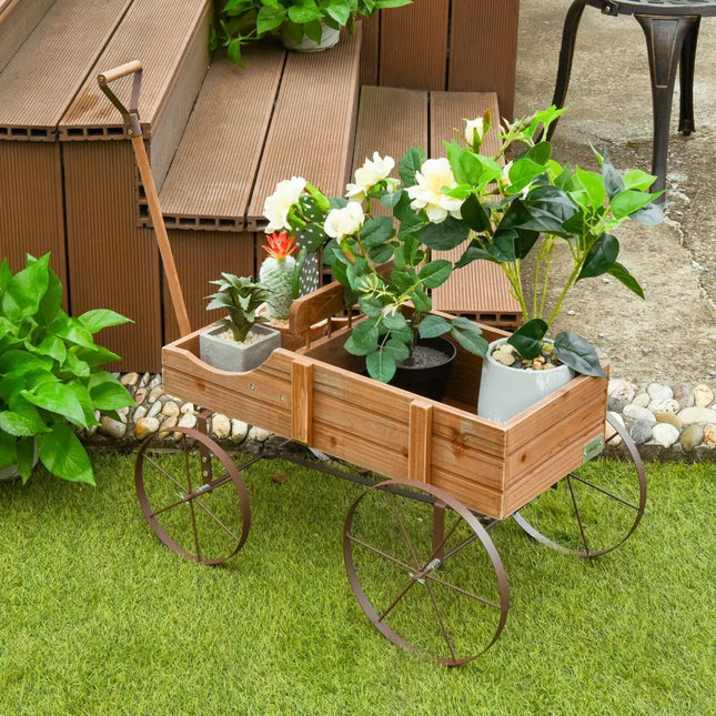 Wooden Wagon Plant Bed With Wheel for Garden Yard-Brown - Brown - Raised Garden Beds