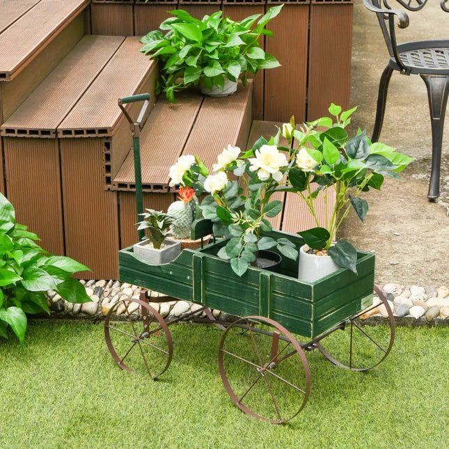 Wooden Wagon Plant Bed With Wheel for Garden Yard-Green - Green - Raised Garden Beds