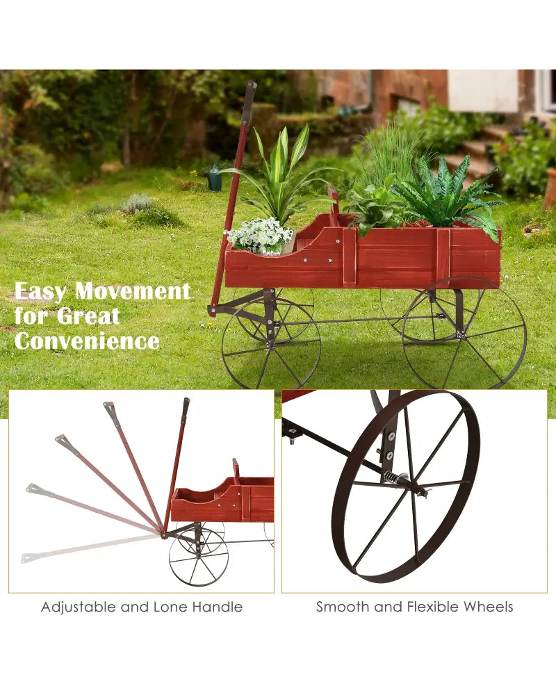 Wooden Wagon Plant Bed With Wheel for Garden Yard-Red - Red - Raised Garden Beds