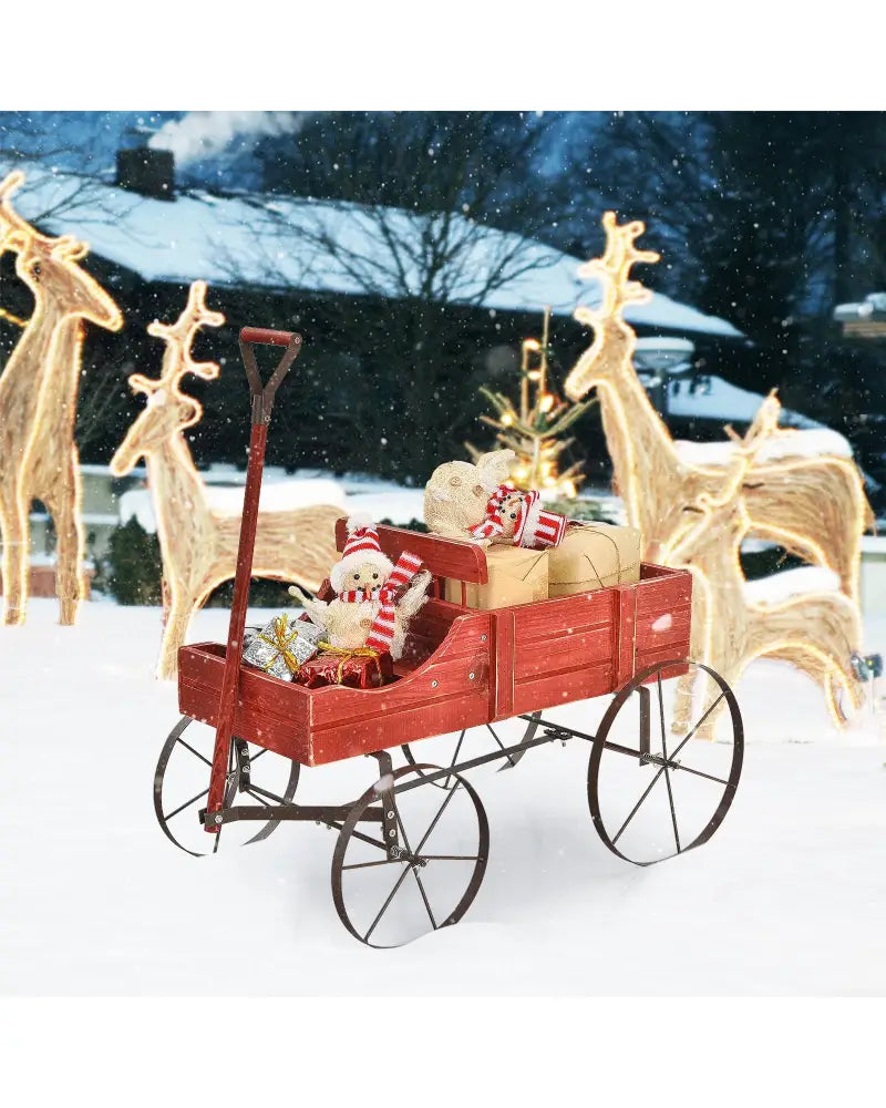 Wooden Wagon Plant Bed With Wheel for Garden Yard-Red - Red - Raised Garden Beds
