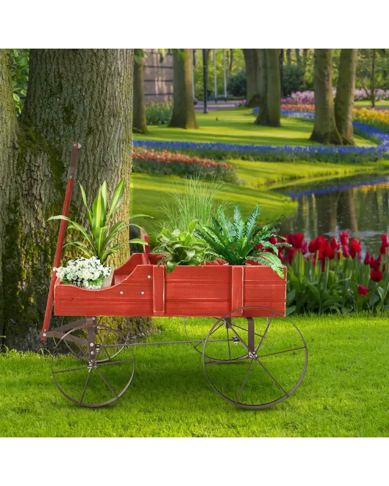 Wooden Wagon Plant Bed With Wheel for Garden Yard-Red - Red - Raised Garden Beds