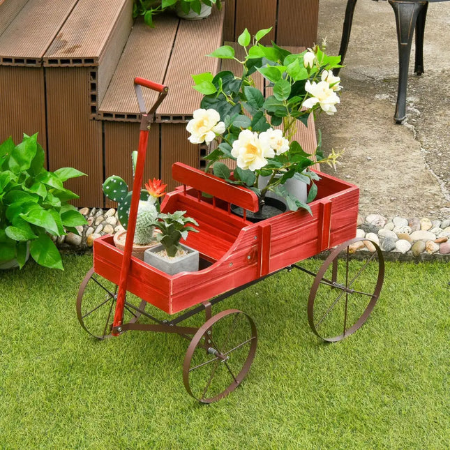 Wooden Wagon Plant Bed With Wheel for Garden Yard-Red - Red - Raised Garden Beds