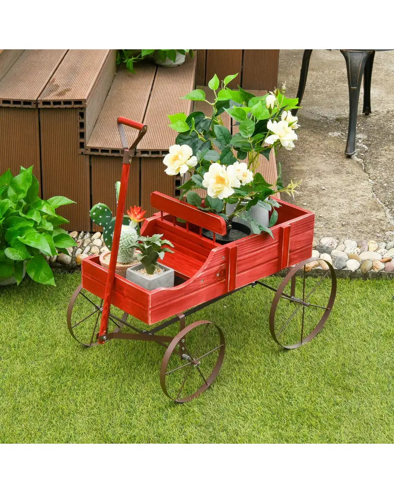 Wooden Wagon Plant Bed With Wheel for Garden Yard-Red - Red - Raised Garden Beds