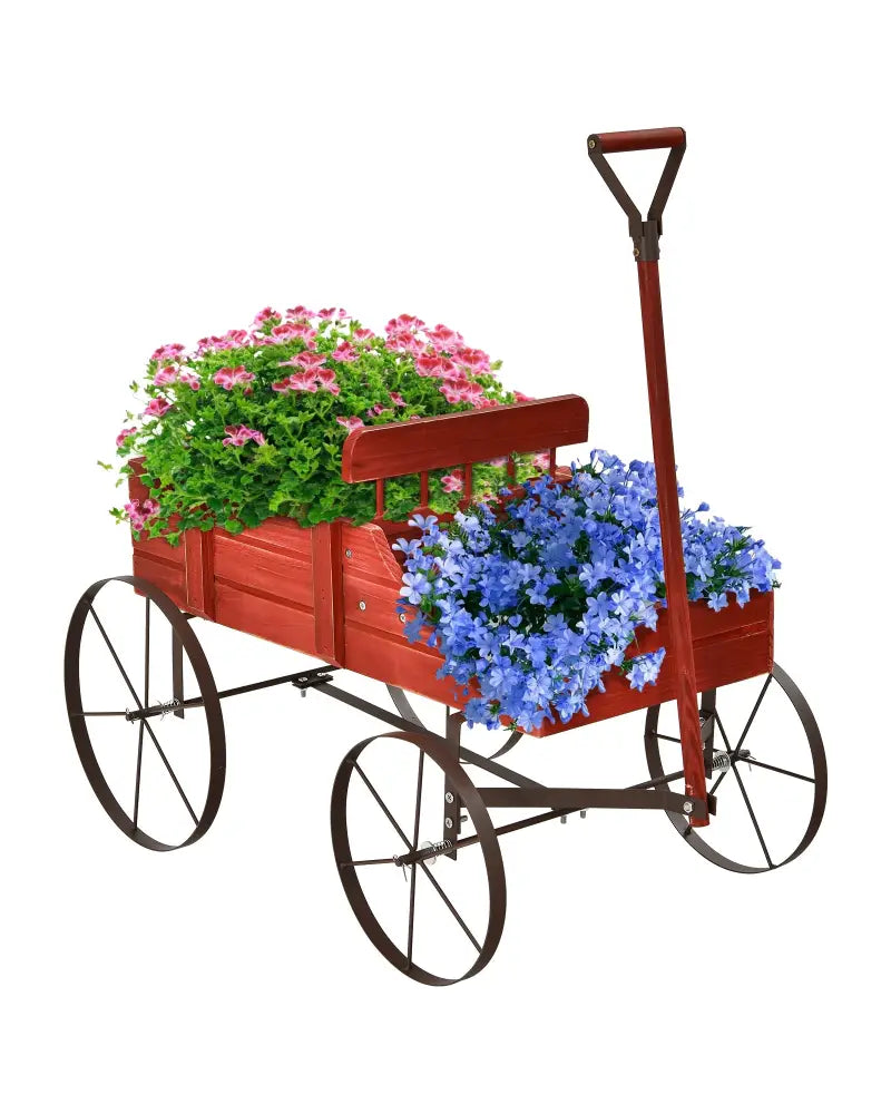 Wooden Wagon Plant Bed With Wheel for Garden Yard-Red - Red - Raised Garden Beds