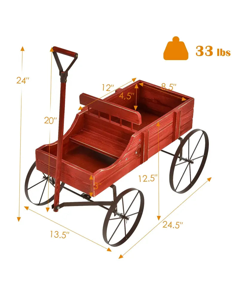 Wooden Wagon Plant Bed With Wheel for Garden Yard-Red - Red - Raised Garden Beds