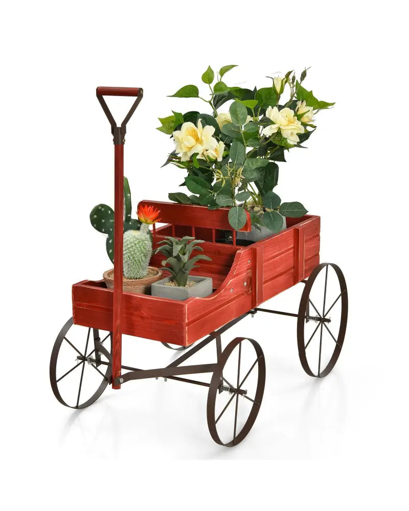 Wooden Wagon Plant Bed With Wheel for Garden Yard-Red - Red - Raised Garden Beds