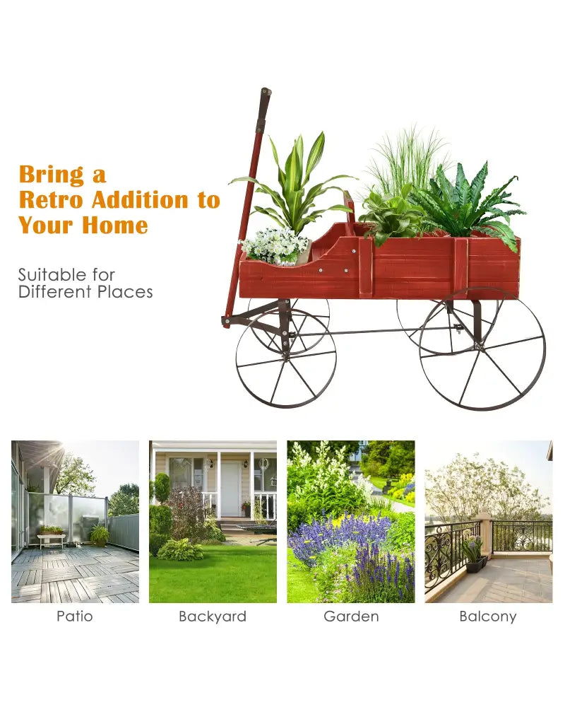 Wooden Wagon Plant Bed With Wheel for Garden Yard-Red - Red - Raised Garden Beds