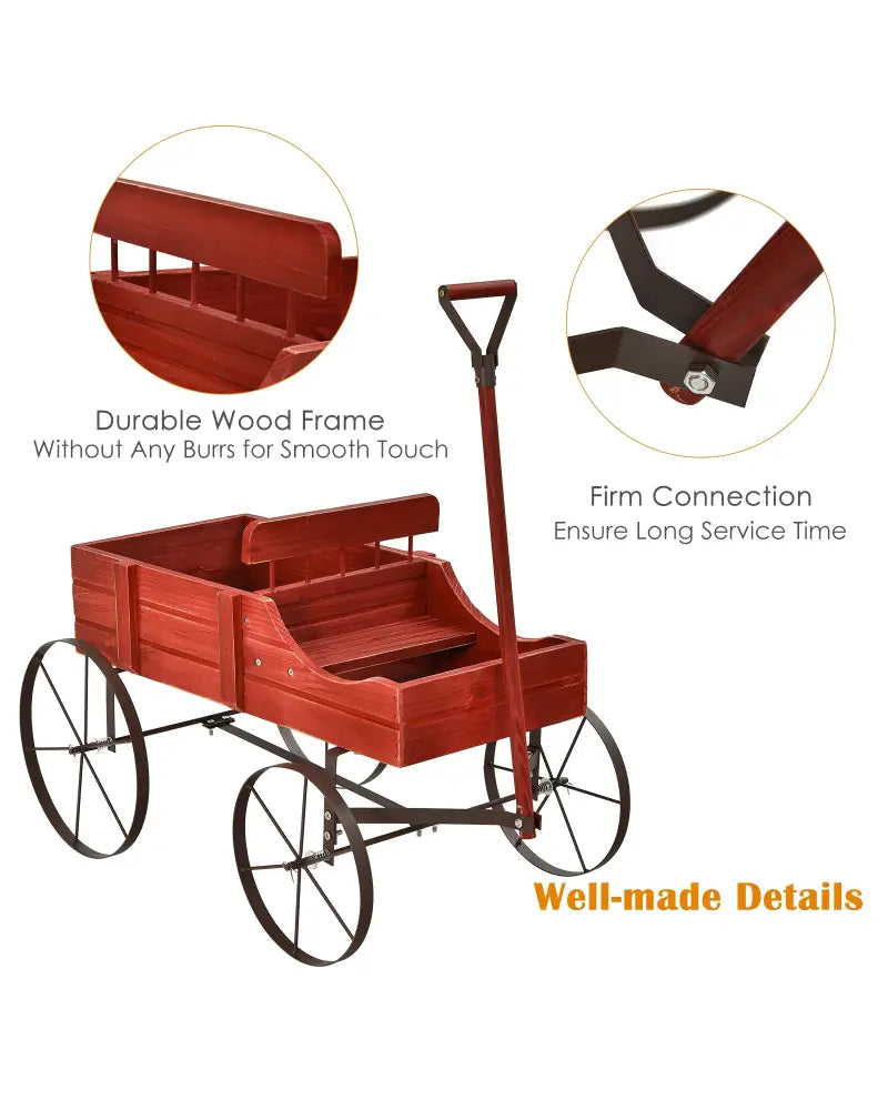 Wooden Wagon Plant Bed With Wheel for Garden Yard-Red - Red - Raised Garden Beds