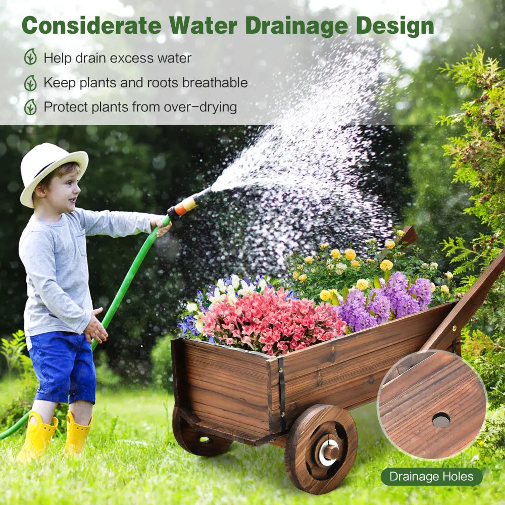 Wooden Wagon Planter Box with Wheels Handles and Drainage Hole-Rustic Brown - Rustic Brown - Raised Garden Beds