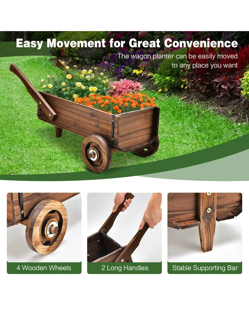 Wooden Wagon Planter Box with Wheels Handles and Drainage Hole-Rustic Brown - Rustic Brown - Raised Garden Beds