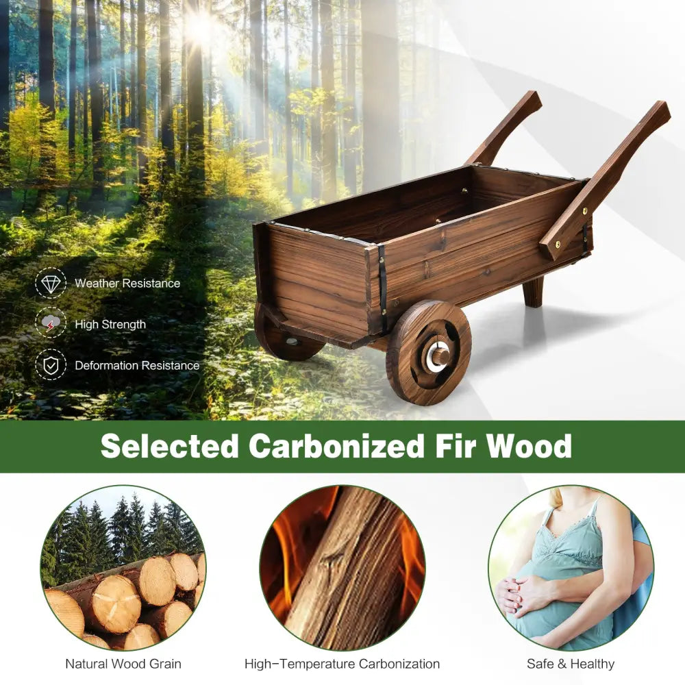 Wooden Wagon Planter Box with Wheels Handles and Drainage Hole-Rustic Brown - Rustic Brown - Raised Garden Beds