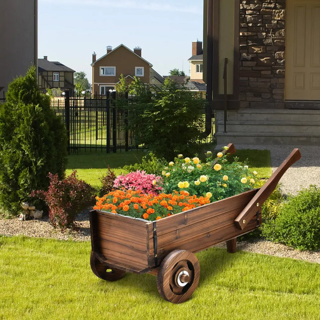 Wooden Wagon Planter Box with Wheels Handles and Drainage Hole-Rustic Brown - Rustic Brown - Raised Garden Beds