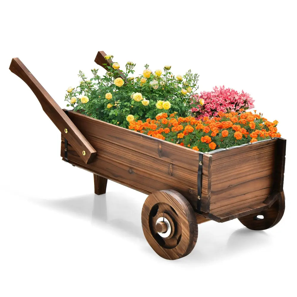 Wooden Wagon Planter Box with Wheels Handles and Drainage Hole-Rustic Brown - Rustic Brown - Raised Garden Beds