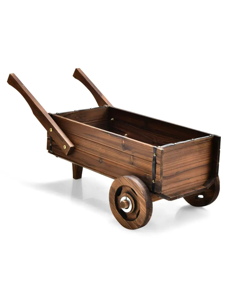 Wooden Wagon Planter Box with Wheels Handles and Drainage Hole-Rustic Brown - Rustic Brown - Raised Garden Beds