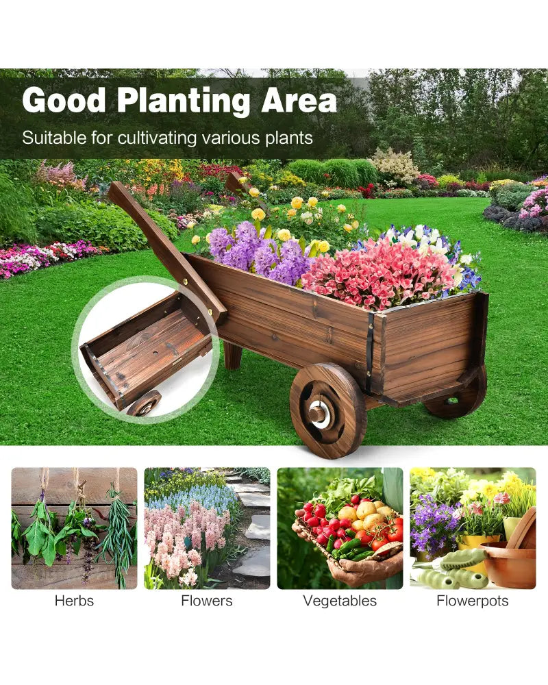 Wooden Wagon Planter Box with Wheels Handles and Drainage Hole-Rustic Brown - Rustic Brown - Raised Garden Beds