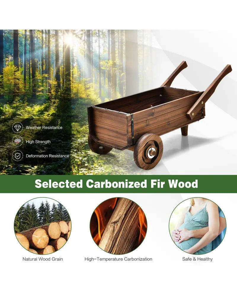 Wooden Wagon Planter Box with Wheels Handles and Drainage Hole-Rustic Brown - Rustic Brown - Raised Garden Beds