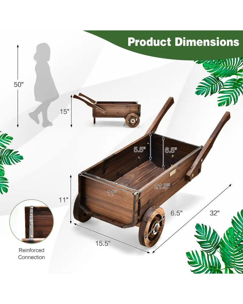 Wooden Wagon Planter Box with Wheels Handles and Drainage Hole-Rustic Brown - Rustic Brown - Raised Garden Beds