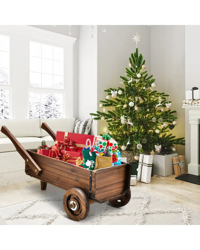 Wooden Wagon Planter Box with Wheels Handles and Drainage Hole-Rustic Brown - Rustic Brown - Raised Garden Beds