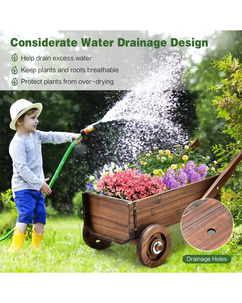 Wooden Wagon Planter Box with Wheels Handles and Drainage Hole-Rustic Brown - Rustic Brown - Raised Garden Beds
