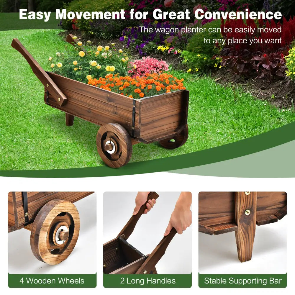 Wooden Wagon Planter Box with Wheels Handles and Drainage Hole-Rustic Brown - Rustic Brown - Raised Garden Beds