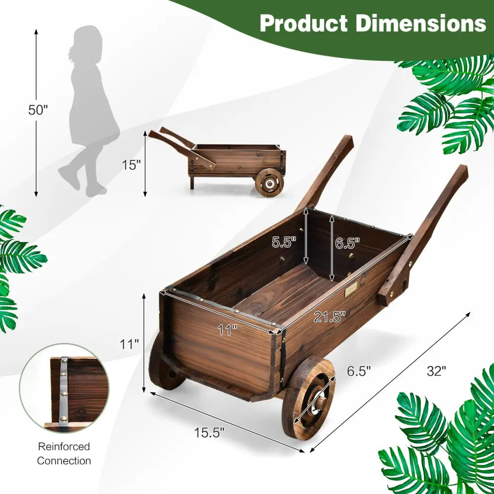 Wooden Wagon Planter Box with Wheels Handles and Drainage Hole-Rustic Brown - Rustic Brown - Raised Garden Beds