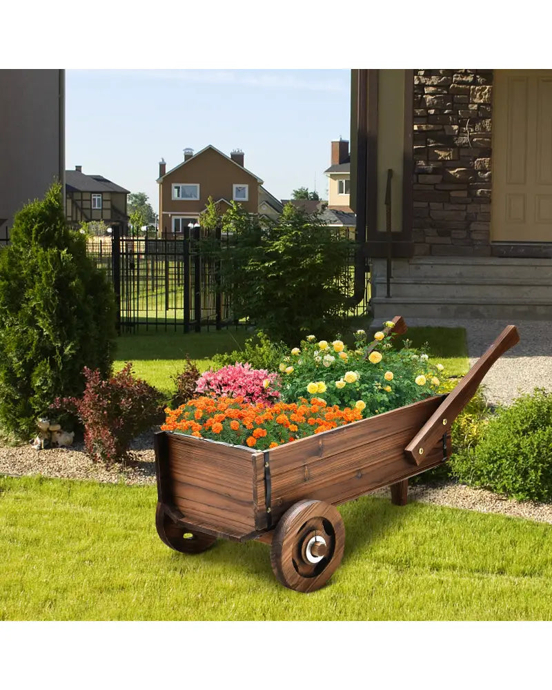 Wooden Wagon Planter Box with Wheels Handles and Drainage Hole-Rustic Brown - Rustic Brown - Raised Garden Beds