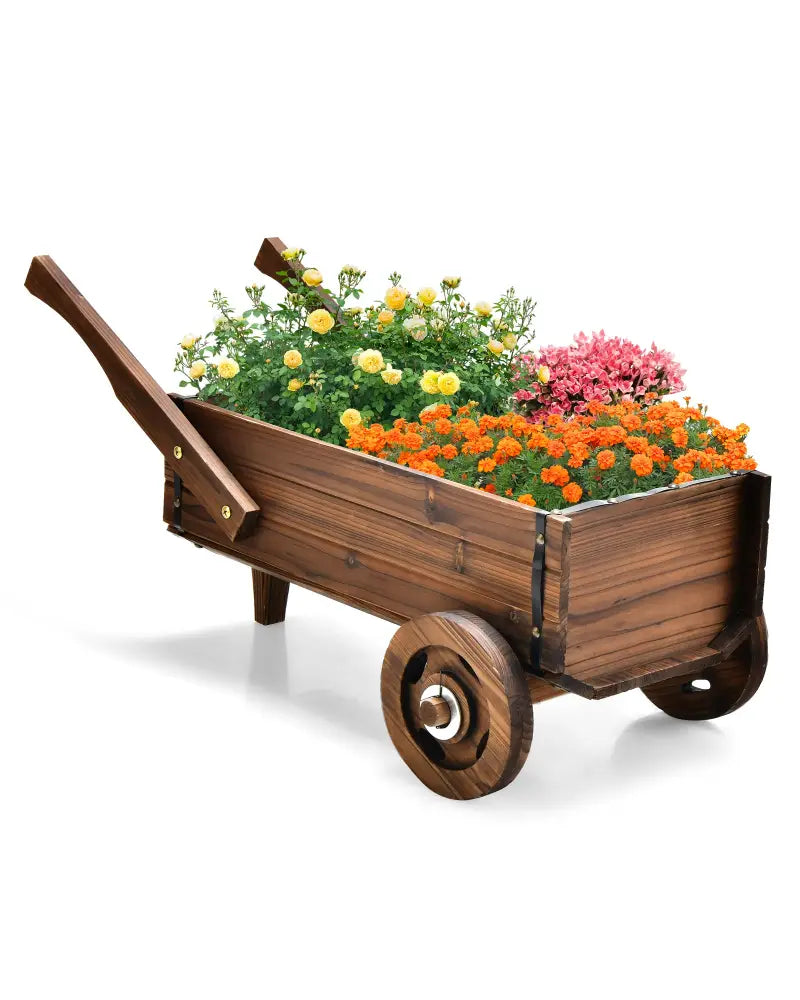 Wooden Wagon Planter Box with Wheels Handles and Drainage Hole-Rustic Brown - Rustic Brown - Raised Garden Beds