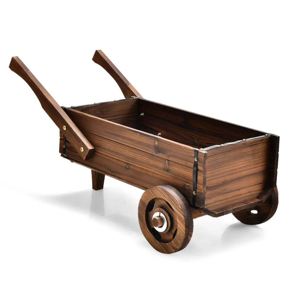 Wooden Wagon Planter Box with Wheels Handles and Drainage Hole-Rustic Brown - Rustic Brown - Raised Garden Beds