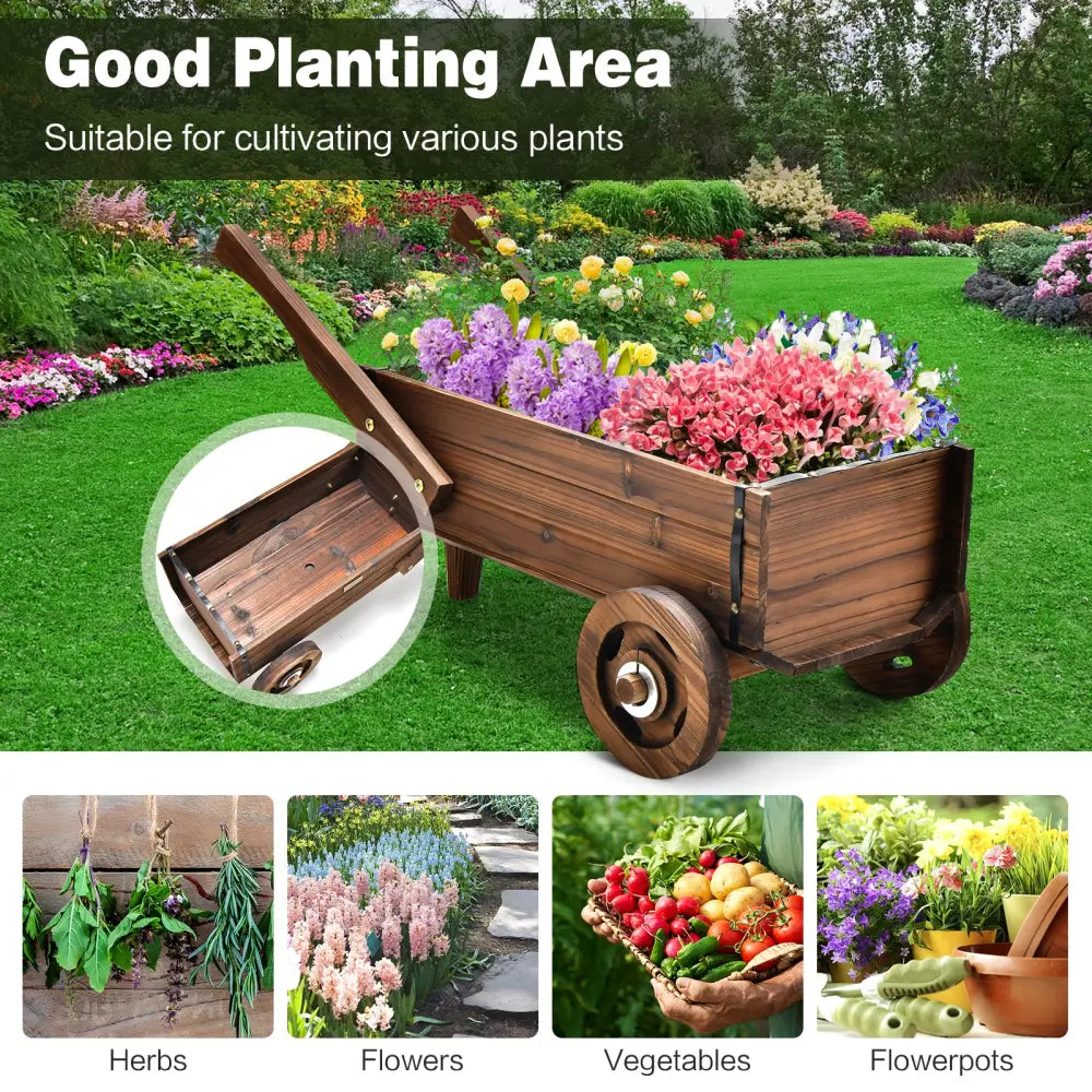 Wooden Wagon Planter Box with Wheels Handles and Drainage Hole-Rustic Brown - Rustic Brown - Raised Garden Beds