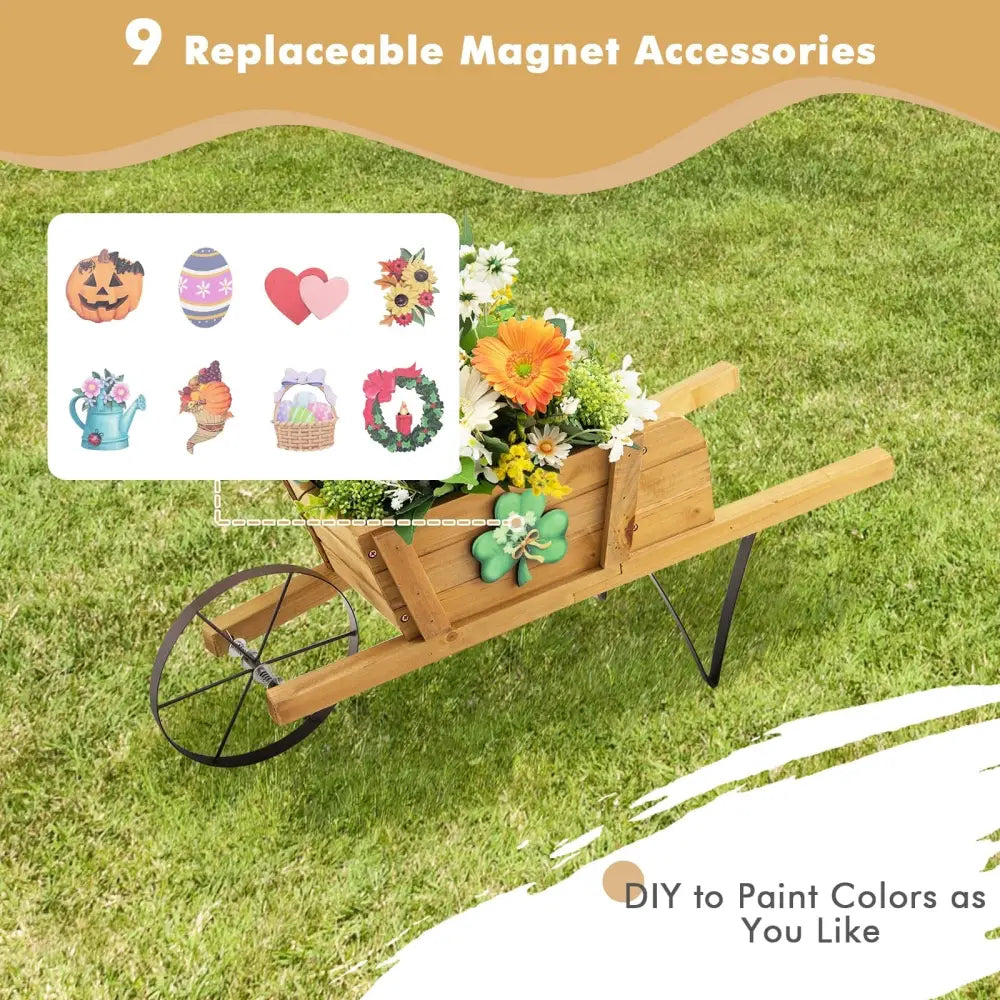Wooden Wagon Planter with 9 Magnetic Accessories for Garden Yard-Walnut - Walnut - Plant Stands