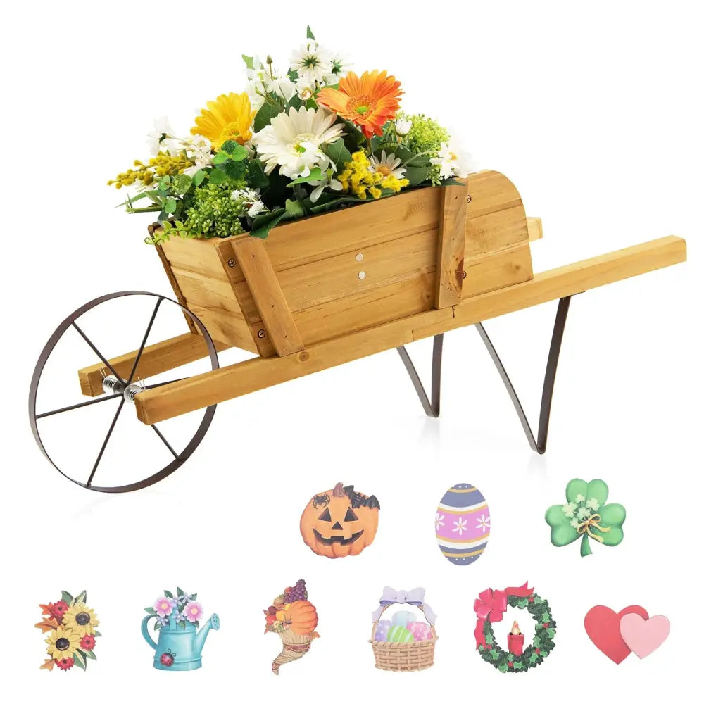 Wooden Wagon Planter with 9 Magnetic Accessories for Garden Yard-Walnut - Walnut - Plant Stands