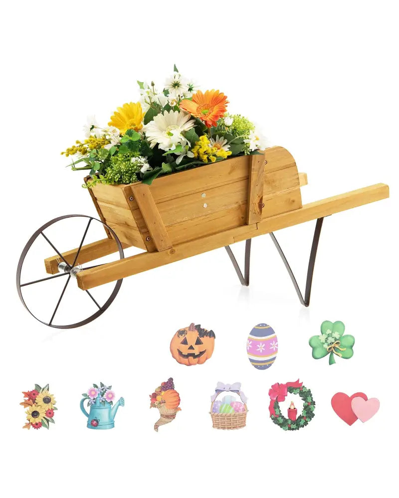 Wooden Wagon Planter with 9 Magnetic Accessories for Garden Yard-Walnut - Walnut - Plant Stands