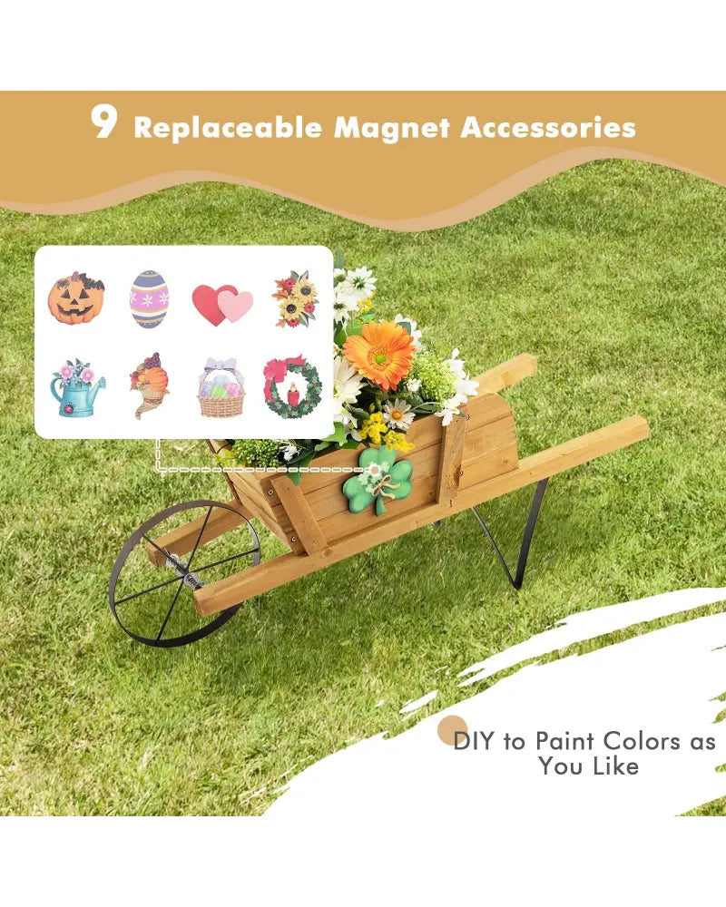 Wooden Wagon Planter with 9 Magnetic Accessories for Garden Yard-Walnut - Walnut - Plant Stands