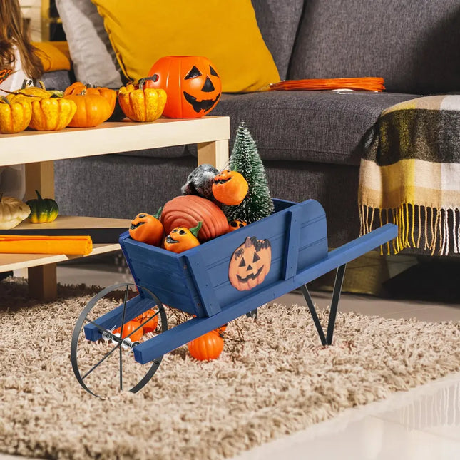 Wooden Wagon Planter with 9 Magnetic Accessories for Garden Yard-Blue - Blue - Plant Stands