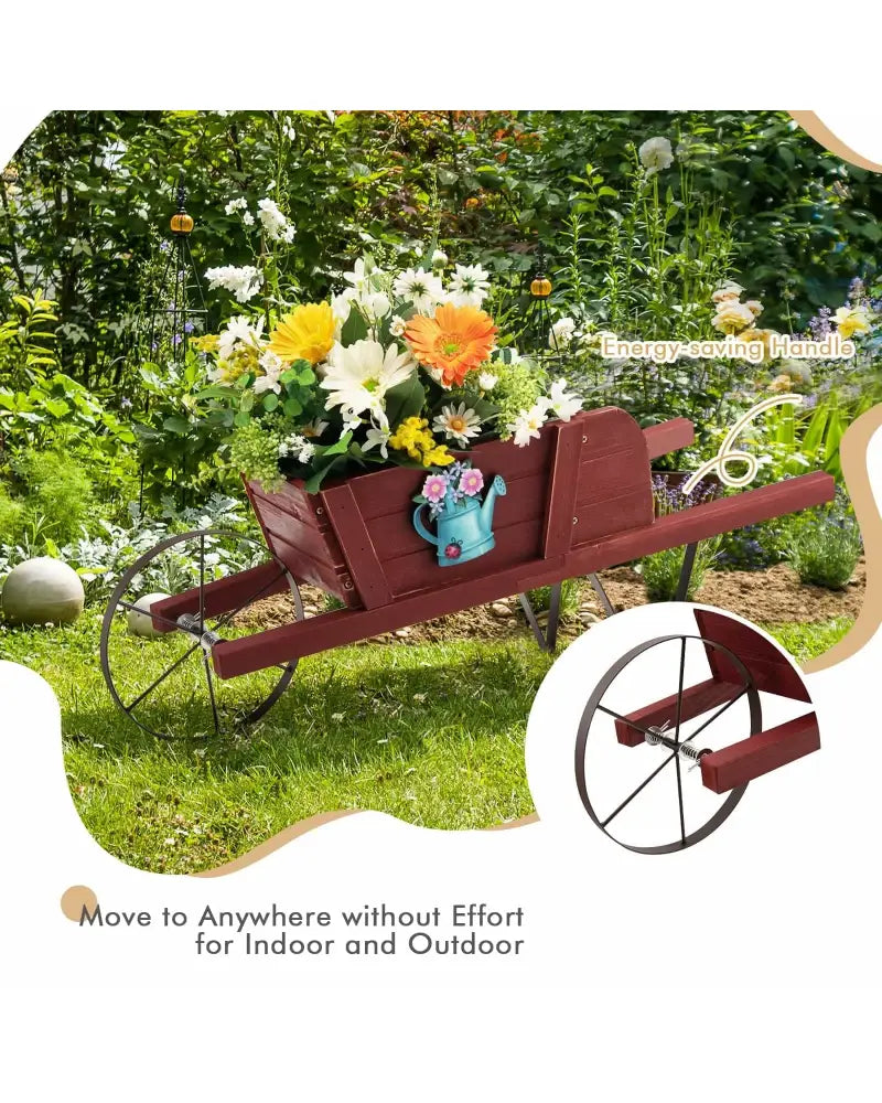 Wooden Wagon Planter with 9 Magnetic Accessories for Garden Yard-Red - Red - Plant Stands