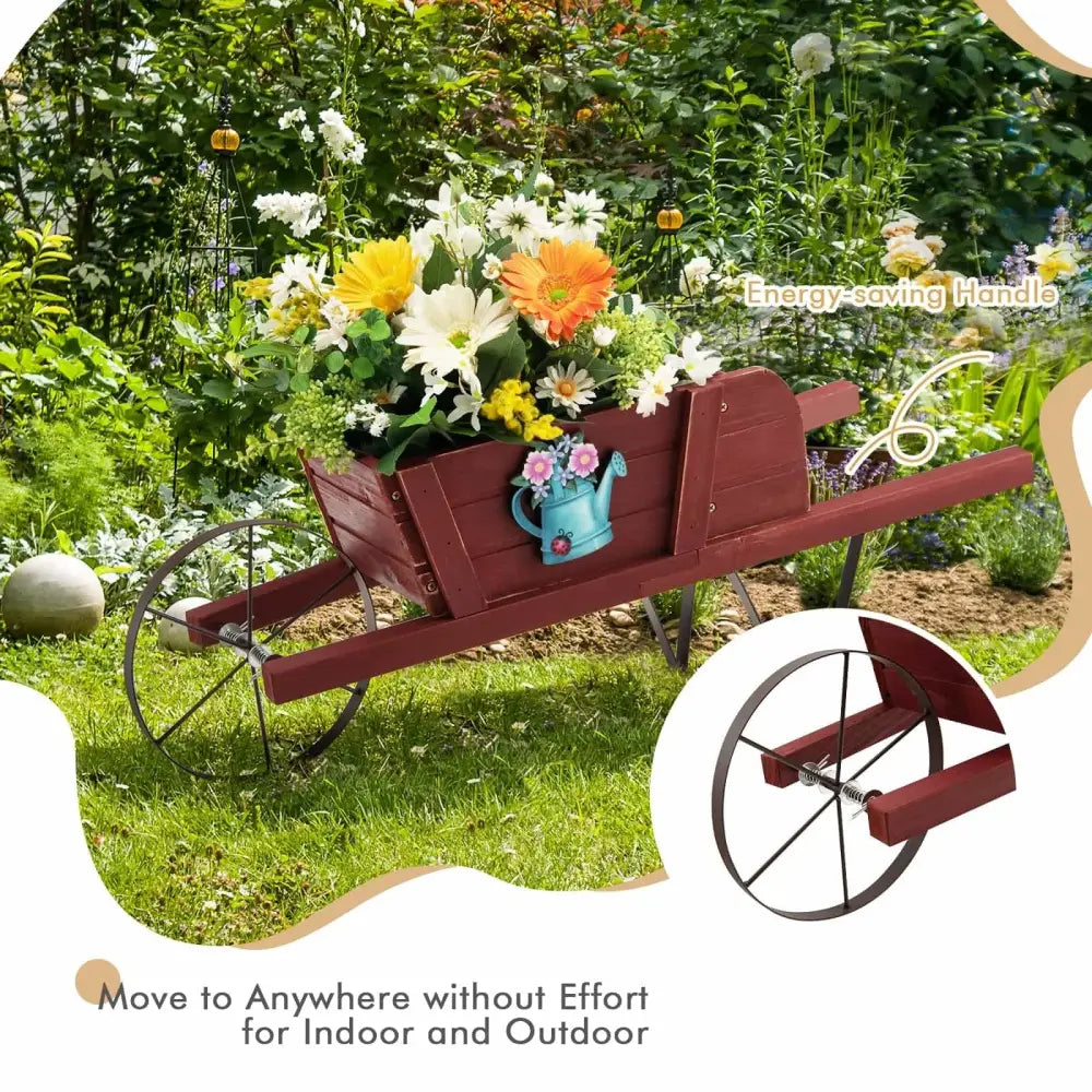 Wooden Wagon Planter with 9 Magnetic Accessories for Garden Yard-Red - Red - Plant Stands
