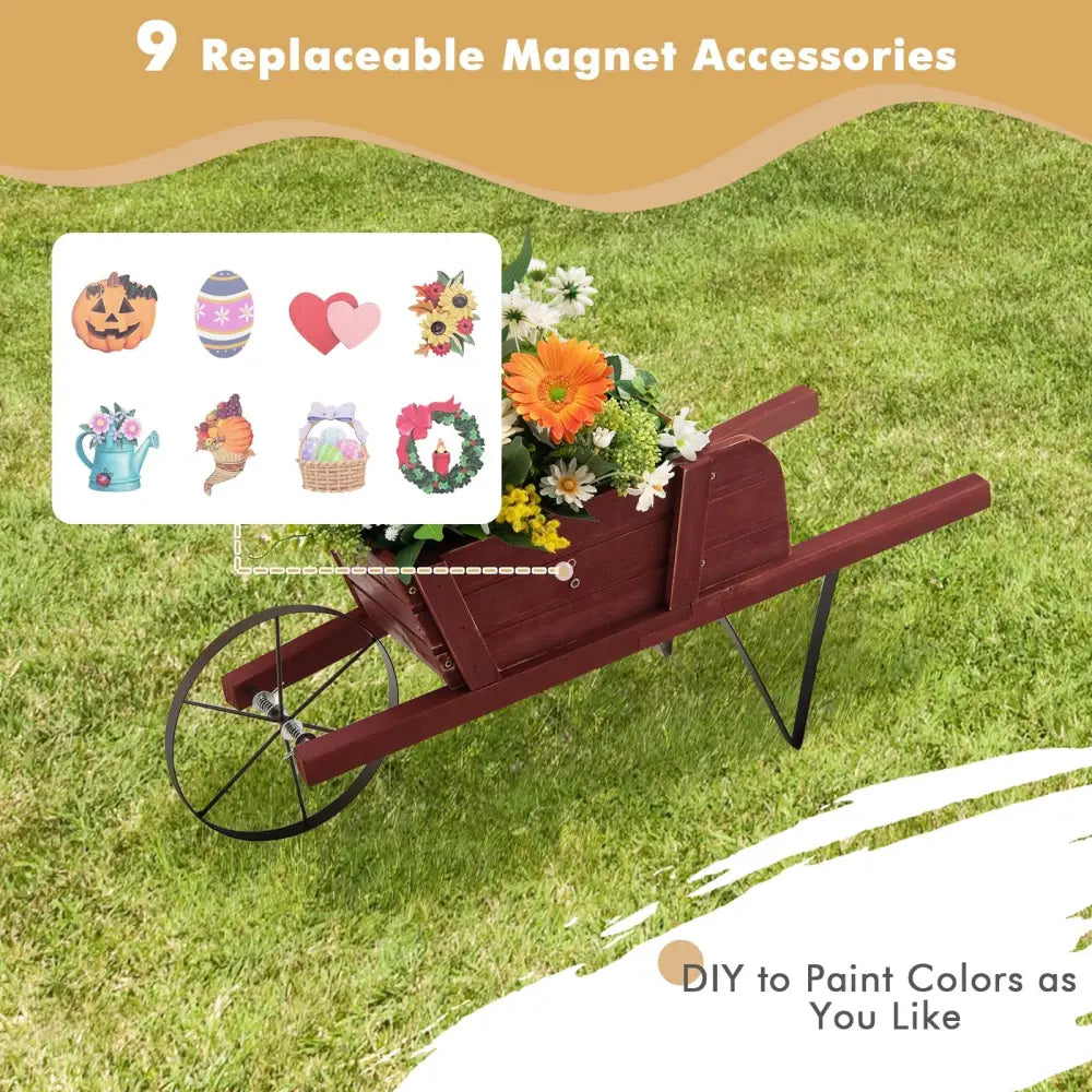 Wooden Wagon Planter with 9 Magnetic Accessories for Garden Yard-Red - Red - Plant Stands