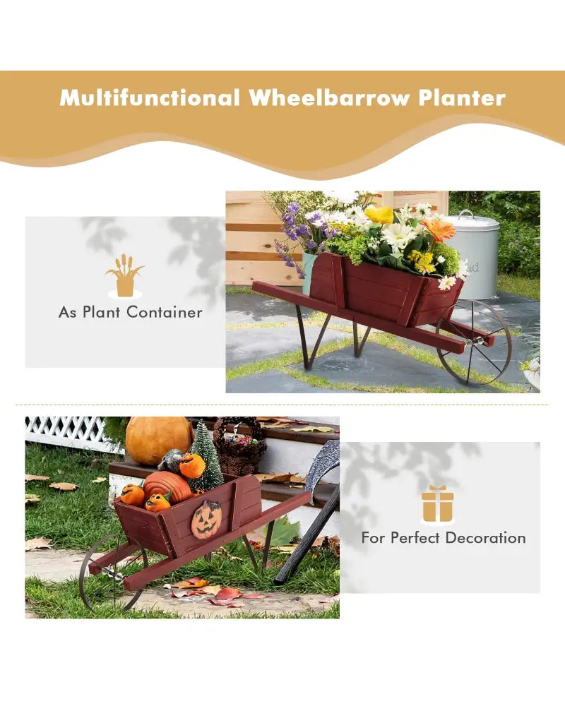 Wooden Wagon Planter with 9 Magnetic Accessories for Garden Yard-Red - Red - Plant Stands