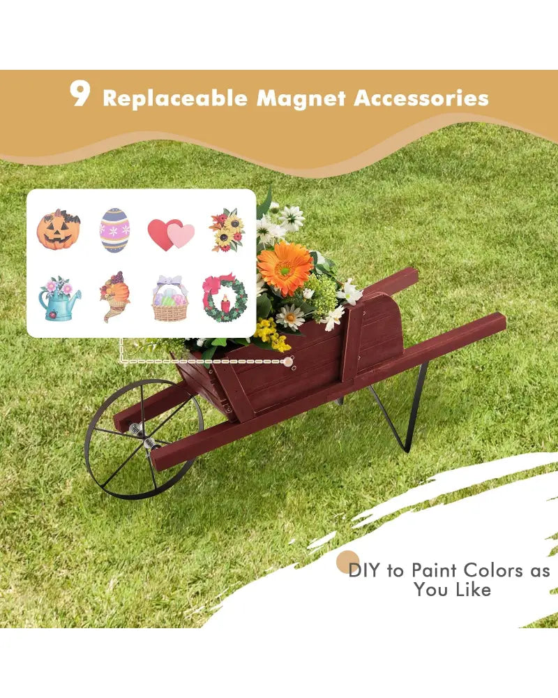 Wooden Wagon Planter with 9 Magnetic Accessories for Garden Yard-Red - Red - Plant Stands
