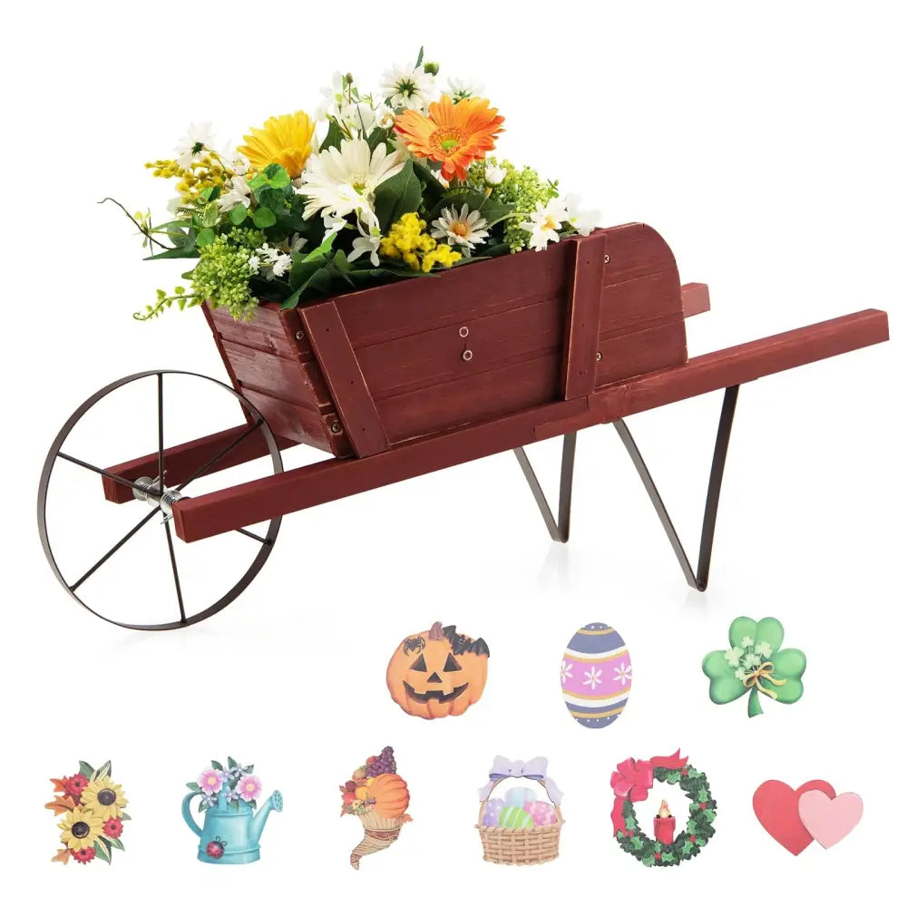 Wooden Wagon Planter with 9 Magnetic Accessories for Garden Yard-Red - Red - Plant Stands