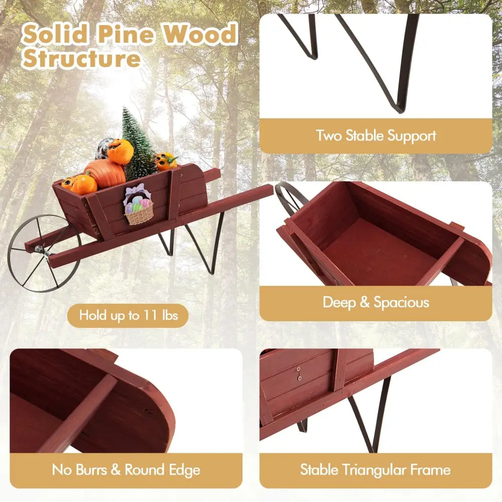 Wooden Wagon Planter with 9 Magnetic Accessories for Garden Yard-Red - Red - Plant Stands