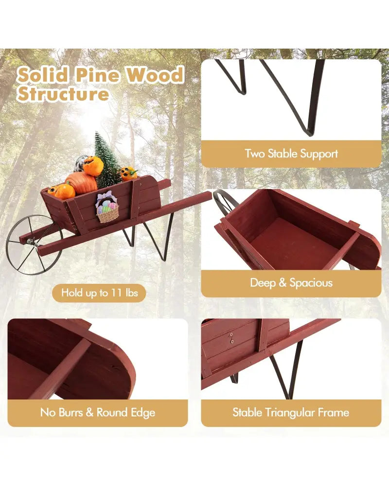 Wooden Wagon Planter with 9 Magnetic Accessories for Garden Yard-Red - Red - Plant Stands