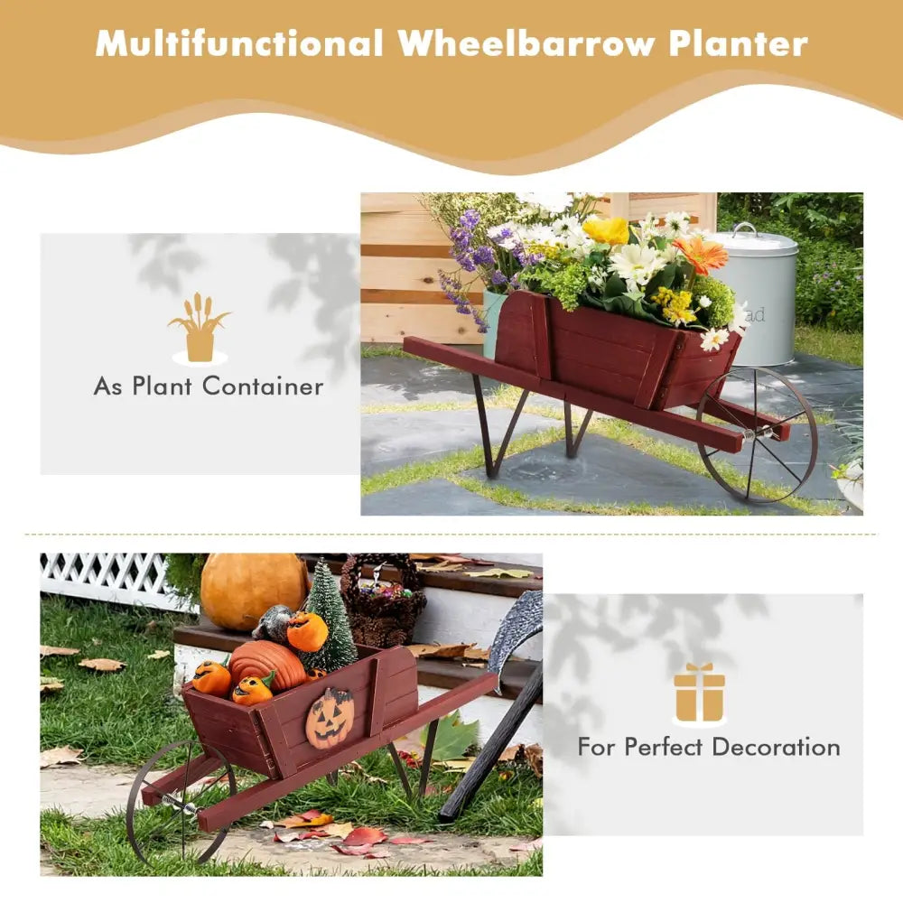 Wooden Wagon Planter with 9 Magnetic Accessories for Garden Yard-Red - Red - Plant Stands